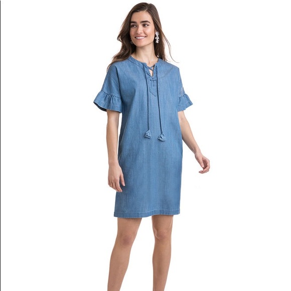 DR111 Vineyard Vines Chambray Flutter Sleeve Dress - Picture 1 of 7